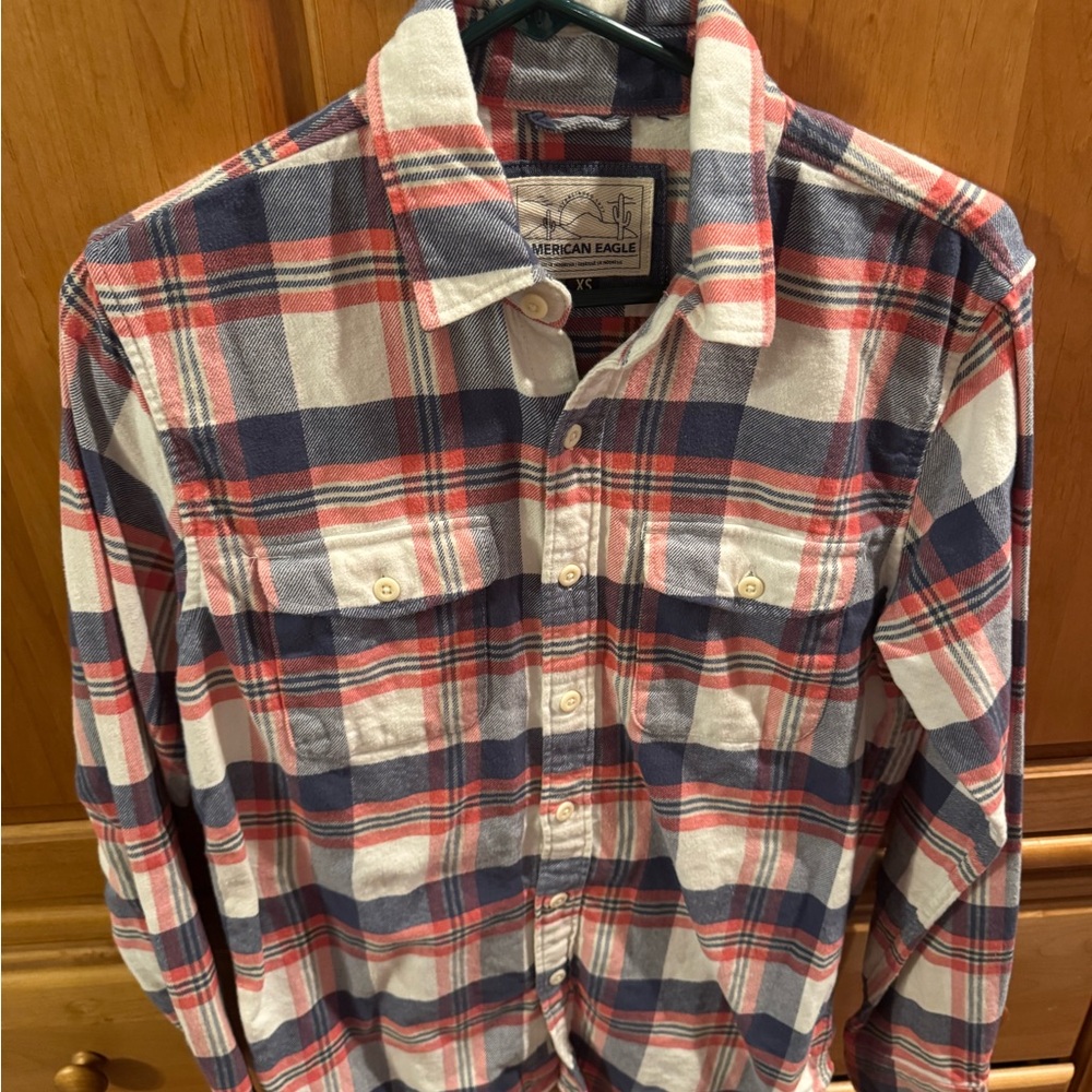 American Eagle Outfitters Red, Navy & White Plaid Button-Down Shirt